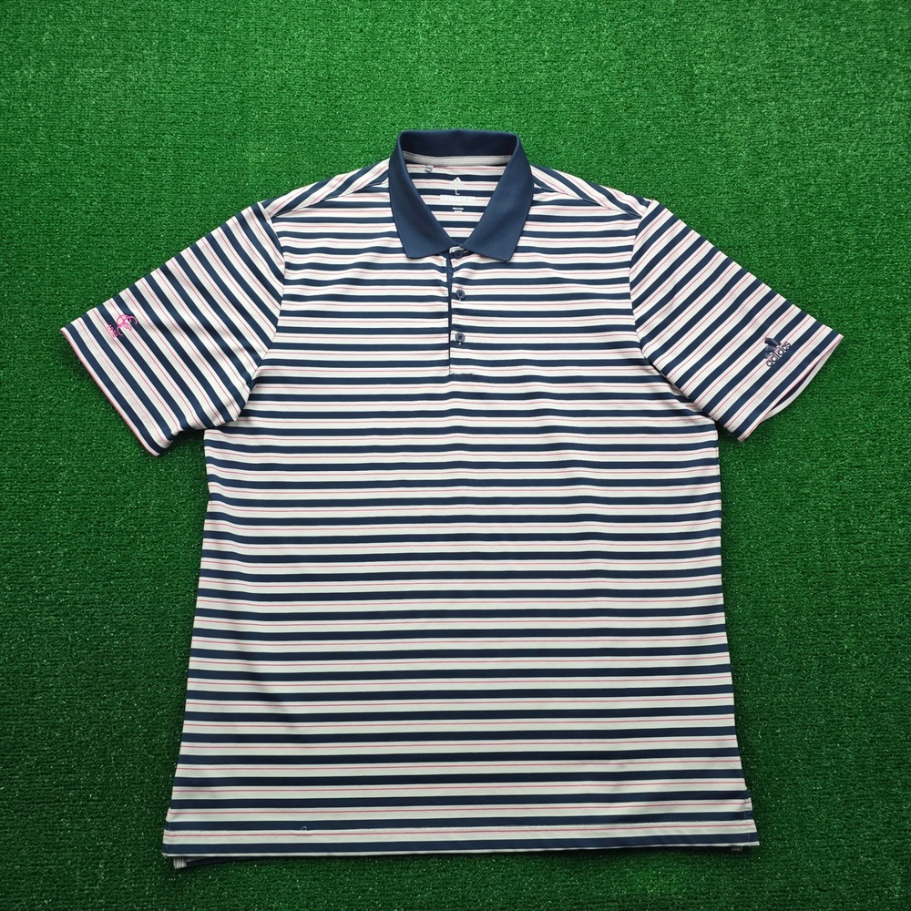 Adidas Golf Polo Shirt Mens Large Navy Pink Striped Performance Embroidered Logo